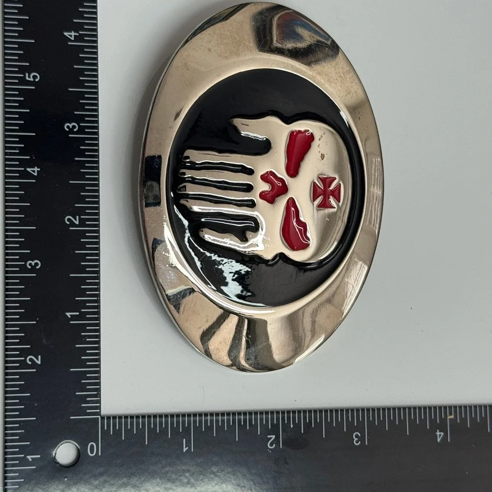 Punisher Skull Belt Buckle Metal Red Black Silver‎ Tone Oval